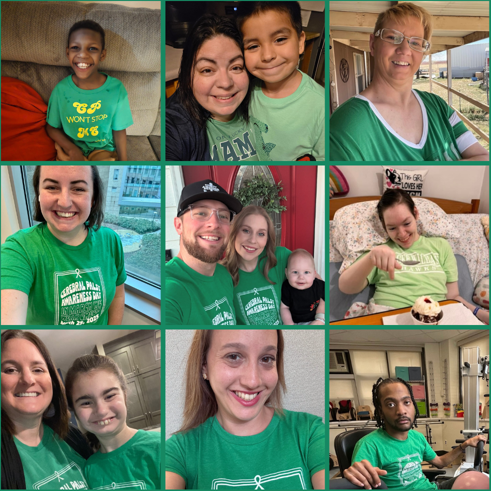 collage of individuals and parents of children with cp wearing green for national cp awareness day. white text on the bottom right corner saying: thank you for standing with the cerebral palsy community - the work continues. CPF logo on the bottom left corner.