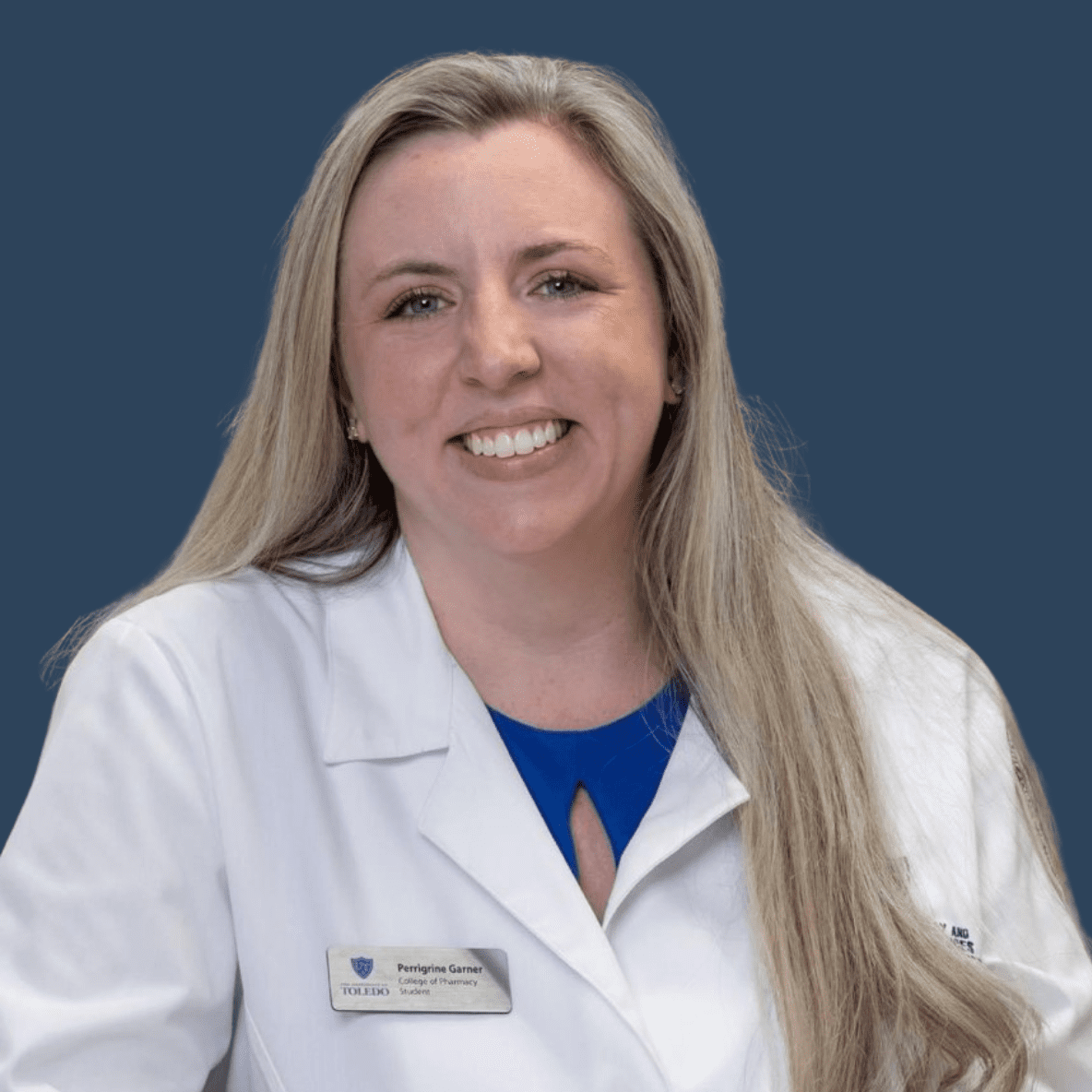 black and white headshot on dark blue background